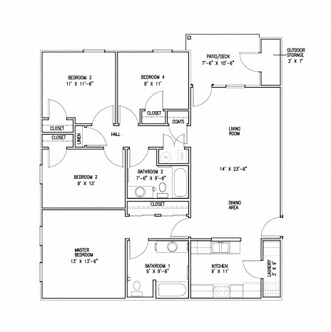 4 bedroom floor plan with master bedroom at Canterbury House Newburgh Apartments in Newburgh, IN